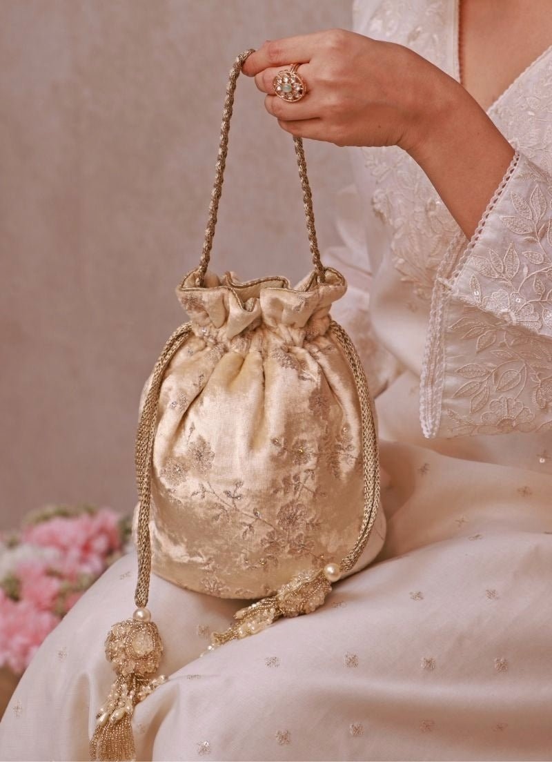 Ivory Velvet Embroidered Potli Amyra - Fabilicious Fashion