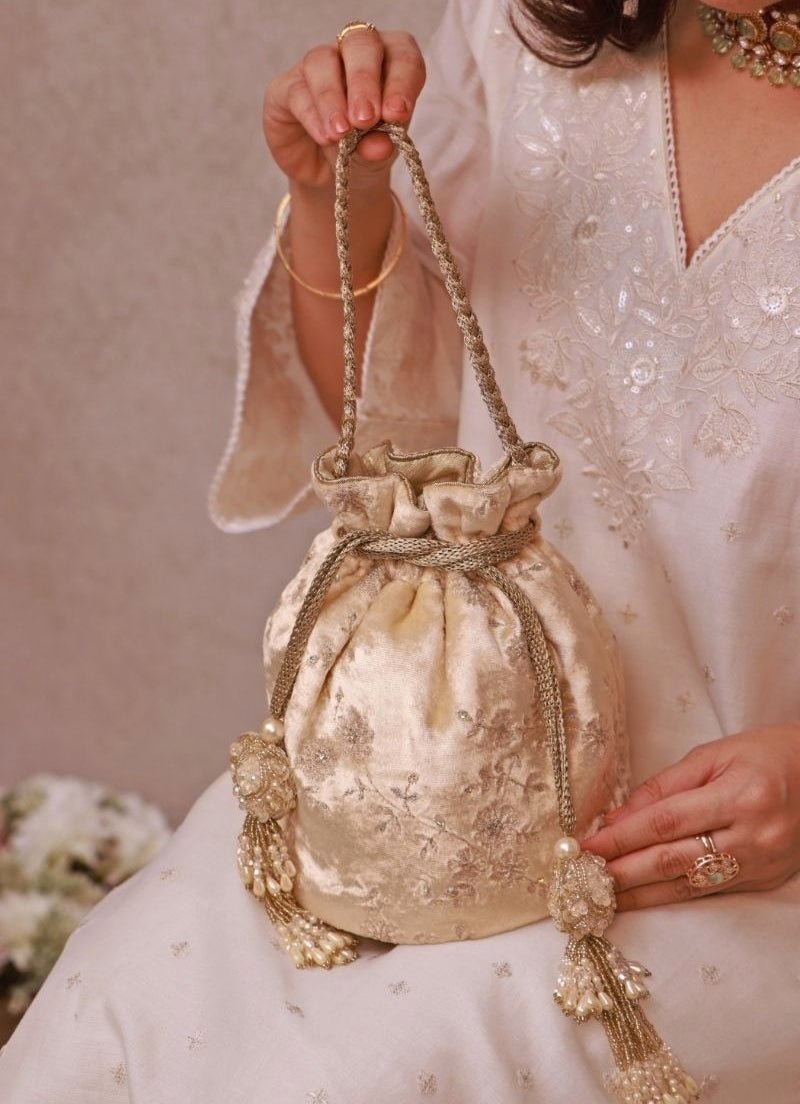 Ivory Velvet Embroidered Potli Amyra - Fabilicious Fashion