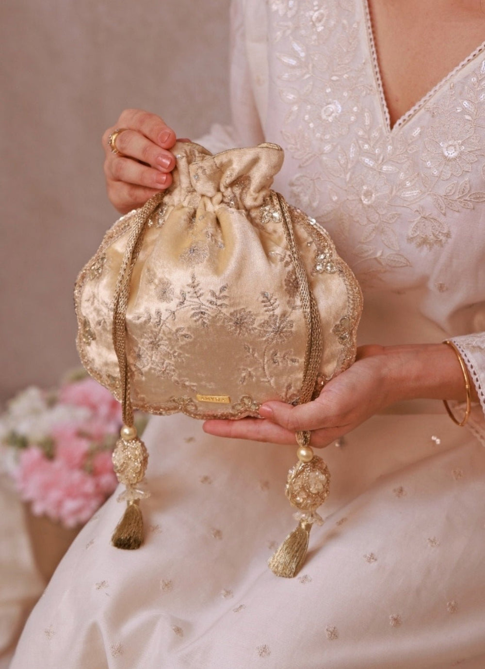 Ivory Velvet Scallop Embroidered Potli Amyra - Fabilicious Fashion