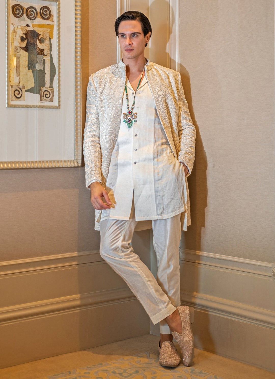 Ivory White Embroidered Satin Sherwani Set Jigar and Nikita - Fabilicious Fashion