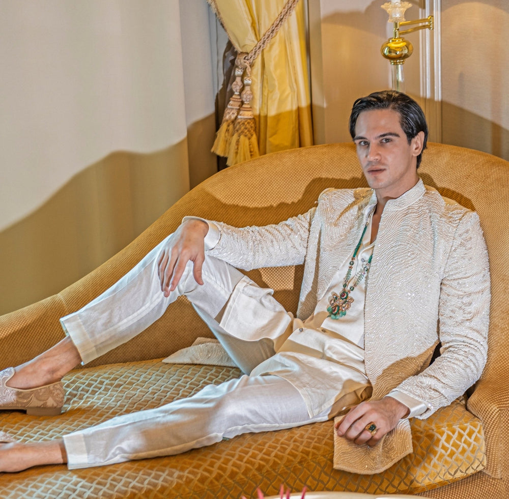 Ivory White Embroidered Satin Sherwani Set Jigar and Nikita - Fabilicious Fashion