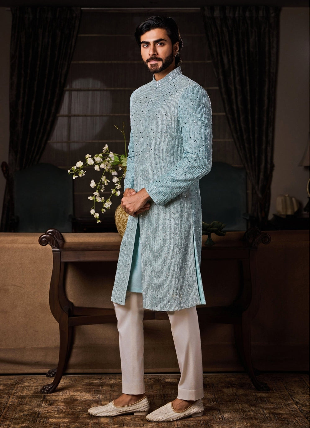 Jade Blue Raw Silk Sherwani Set Nitika Gujral - Men - Fabilicious Fashion