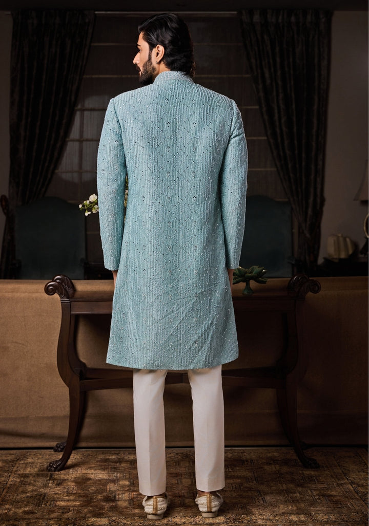 Jade Blue Raw Silk Sherwani Set Nitika Gujral - Men - Fabilicious Fashion