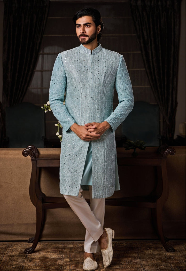 Jade Blue Raw Silk Sherwani Set Nitika Gujral - Men - Fabilicious Fashion