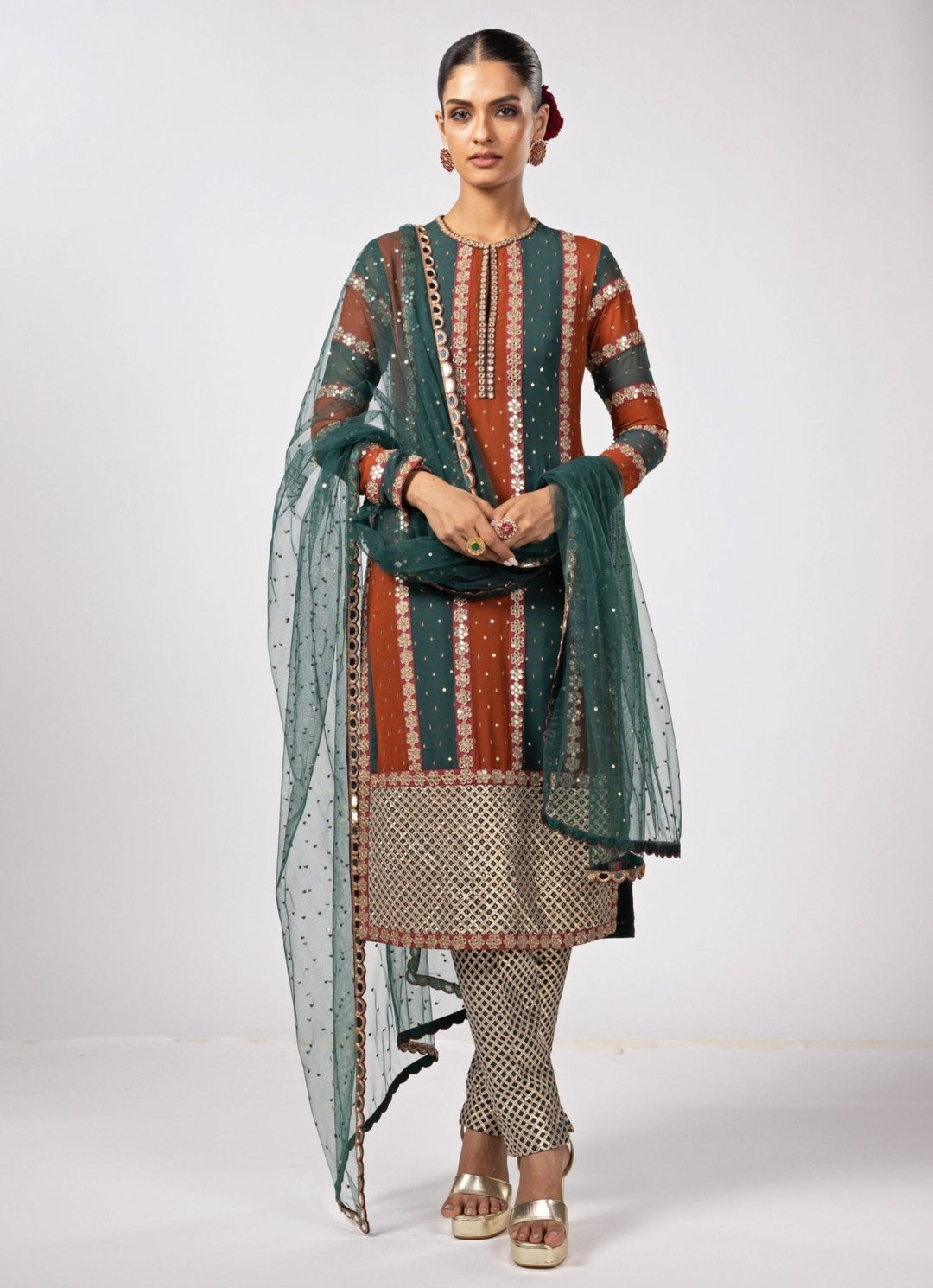 Jade Green Gota Embroidered Kurta Pants Set Vvani by Vani Vats - Fabilicious Fashion