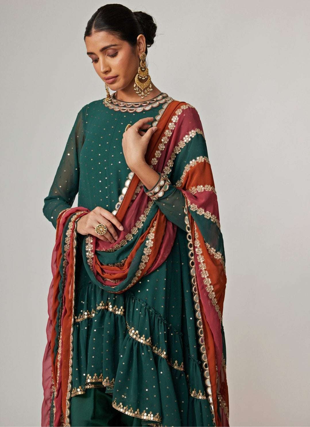 Jade Green Sequins Georgette Dhoti Kurta Set With Dupatta Vvani by Vani Vats - Fabilicious Fashion