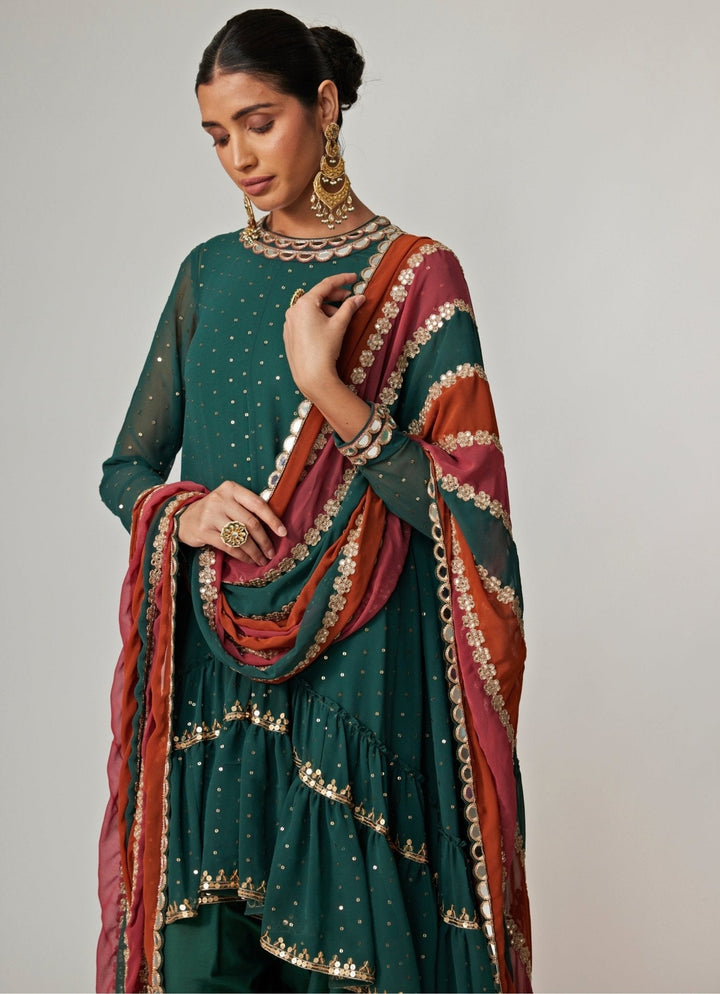 Jade Green Sequins Georgette Dhoti Kurta Set With Dupatta Vvani by Vani Vats - Fabilicious Fashion