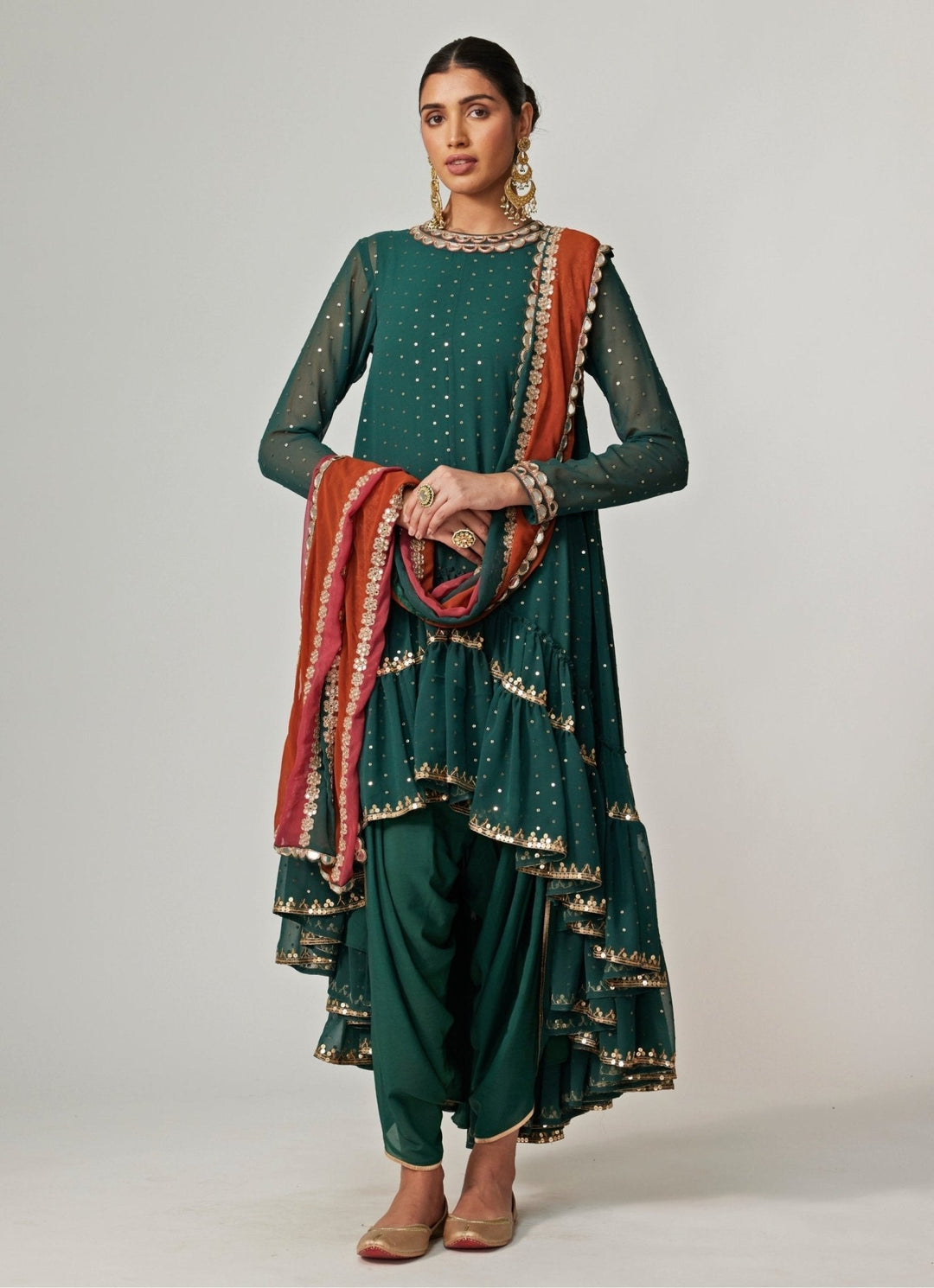Jade Green Sequins Georgette Dhoti Kurta Set With Dupatta Vvani by Vani Vats - Fabilicious Fashion
