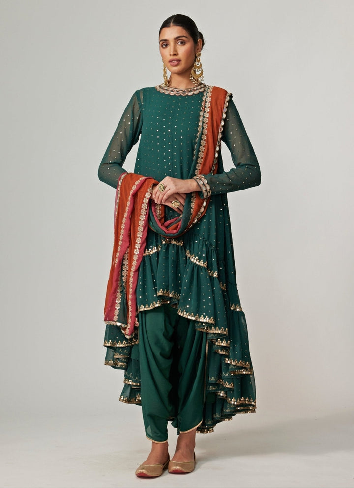 Jade Green Sequins Georgette Dhoti Kurta Set With Dupatta Vvani by Vani Vats - Fabilicious Fashion