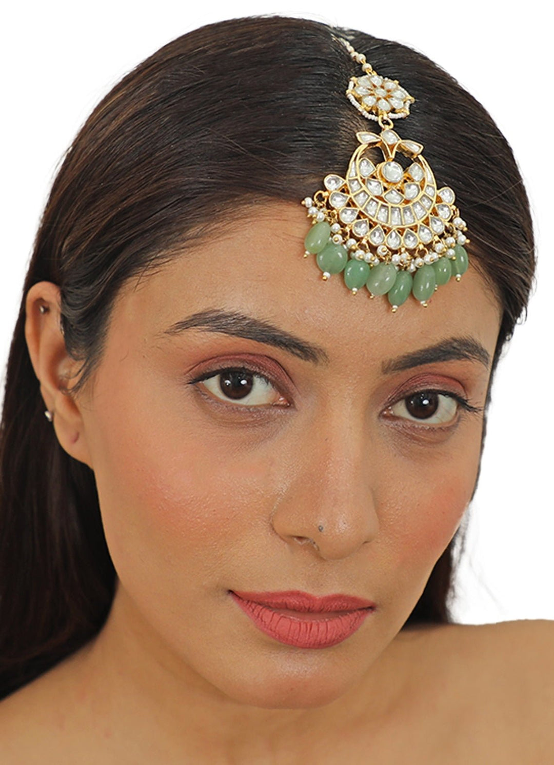 Jadtar And Sea Green Beaded Tikka Riana Jewellery - Fabilicious Fashion