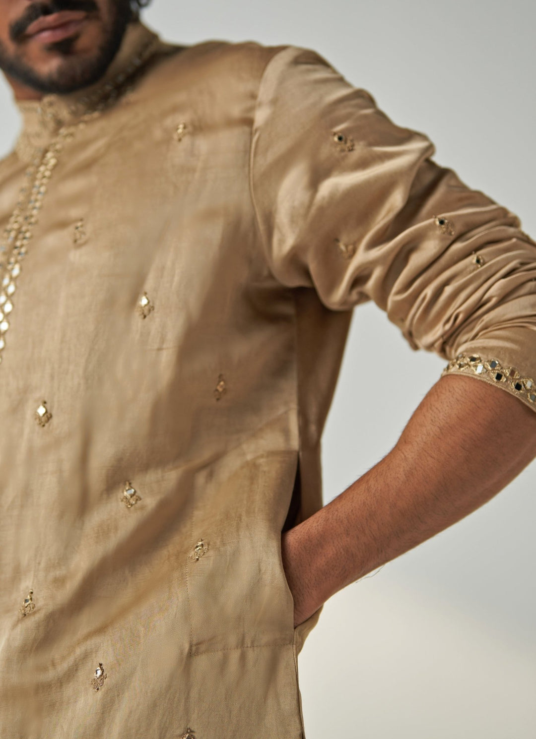 Khaki Beige Mirror Work Chanderi Silk Kurta Pant Set Studio Bagechaa - Men - Fabilicious Fashion
