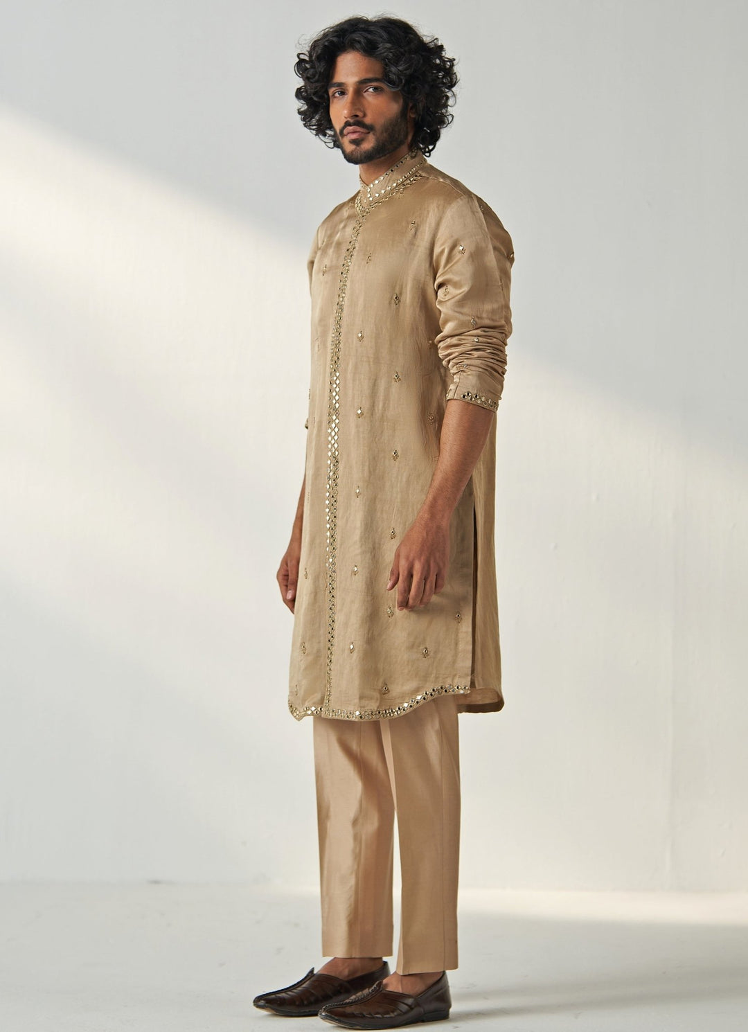 Khaki Beige Mirror Work Chanderi Silk Kurta Pant Set Studio Bagechaa - Men - Fabilicious Fashion