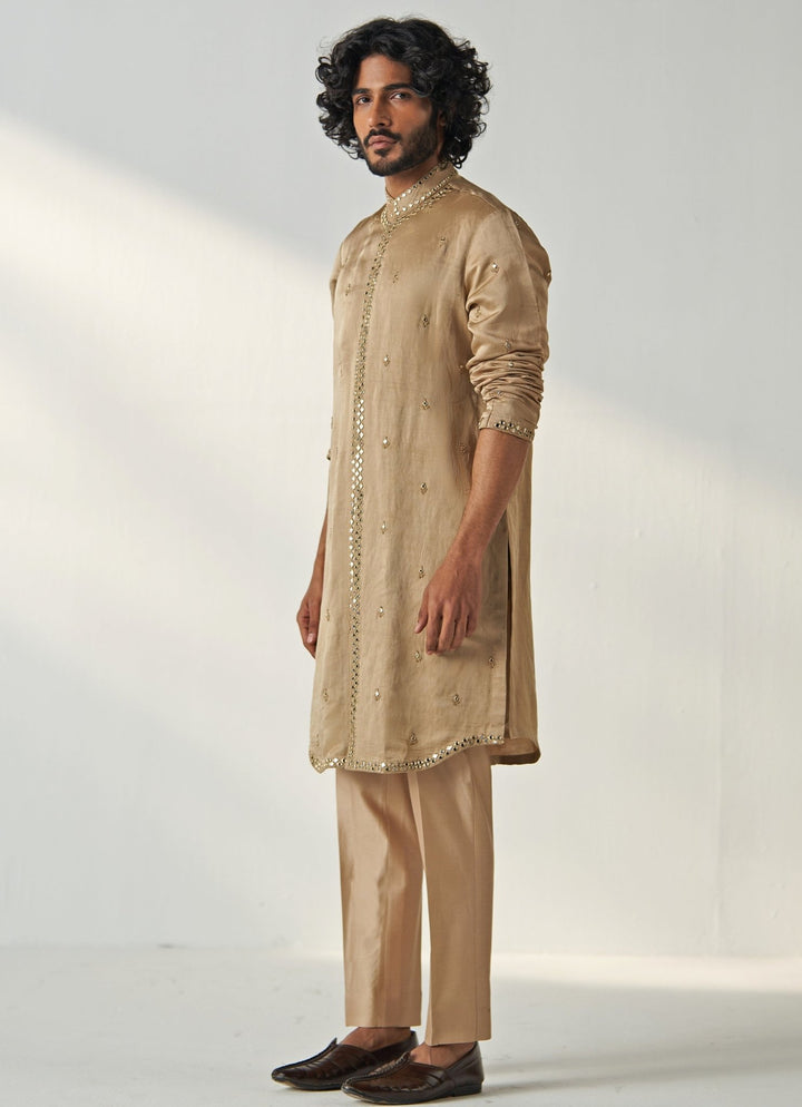 Khaki Beige Mirror Work Chanderi Silk Kurta Pant Set Studio Bagechaa - Men - Fabilicious Fashion