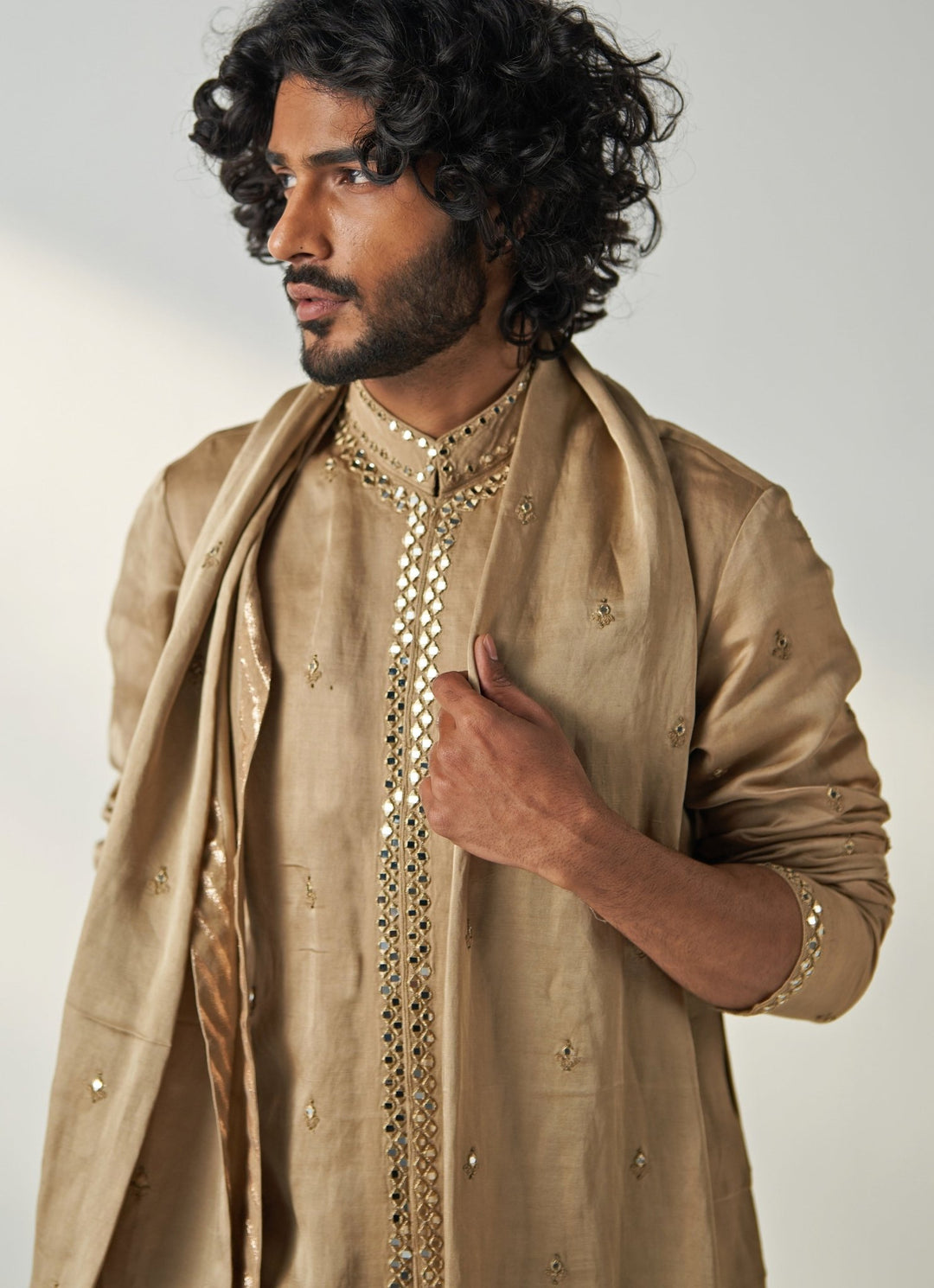 Khaki Beige Mirror Work Chanderi Silk Kurta Pant Set Studio Bagechaa - Men - Fabilicious Fashion