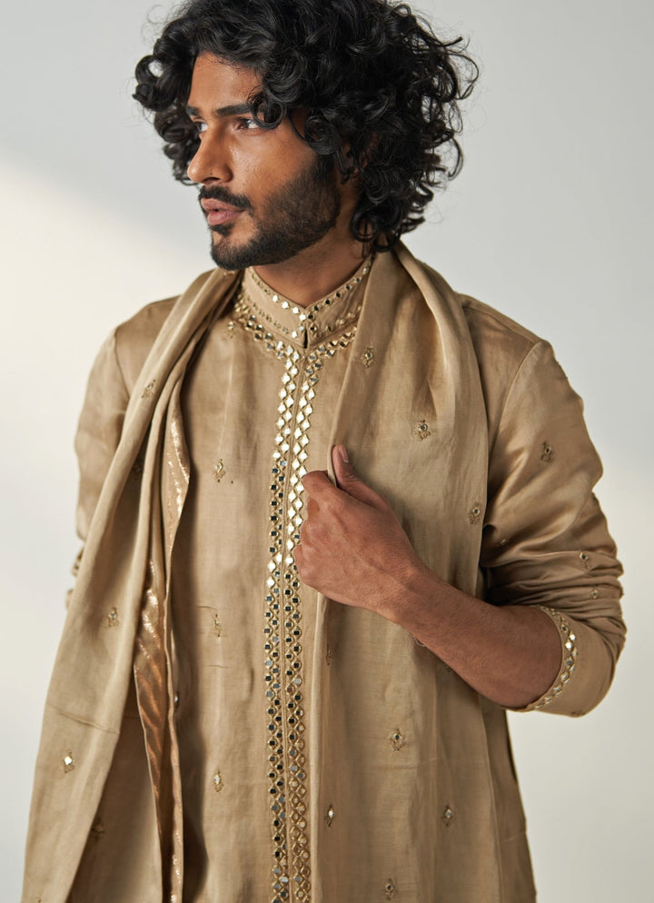 Khaki Beige Mirror Work Chanderi Silk Kurta Pant Set Studio Bagechaa - Men - Fabilicious Fashion