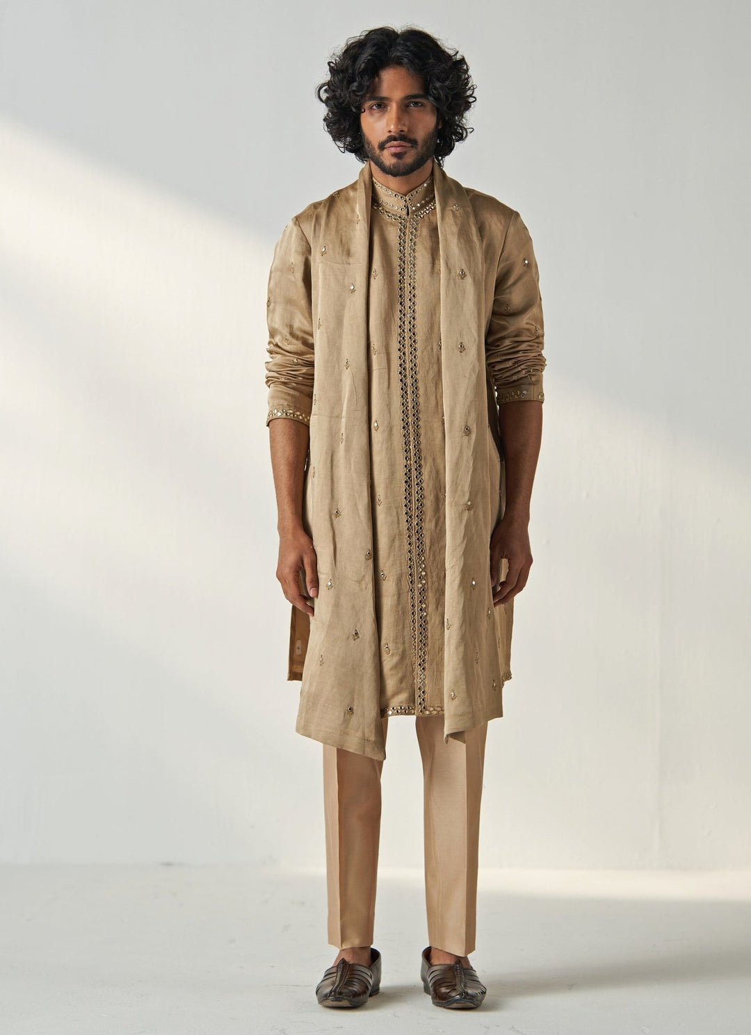 Khaki Beige Mirror Work Chanderi Silk Kurta Pant Set Studio Bagechaa - Men - Fabilicious Fashion