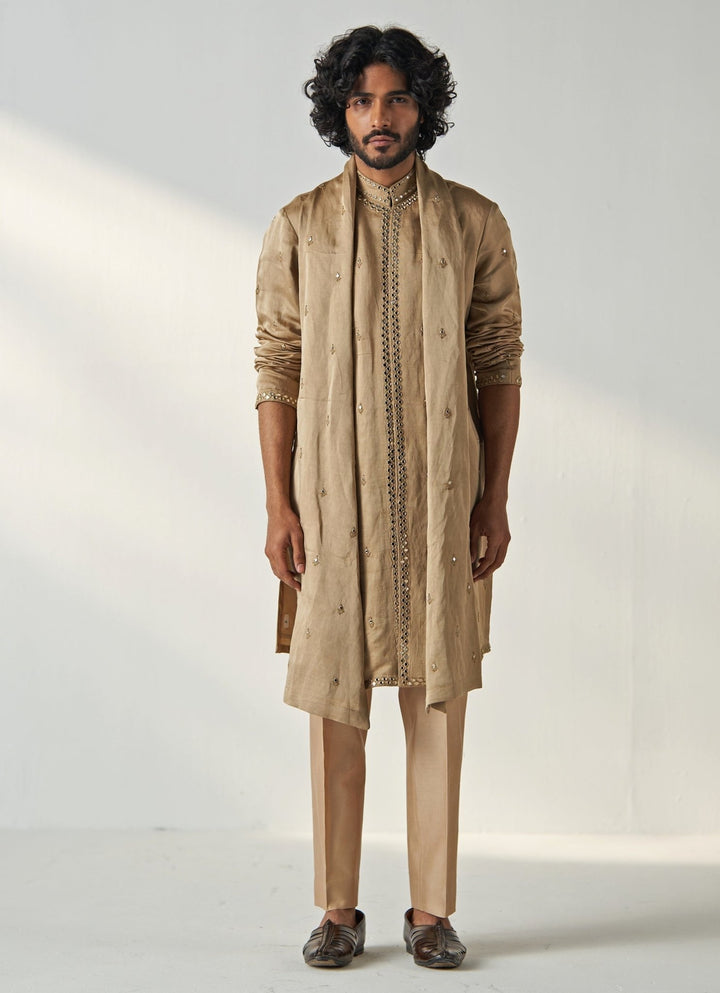 Khaki Beige Mirror Work Chanderi Silk Kurta Pant Set Studio Bagechaa - Men - Fabilicious Fashion