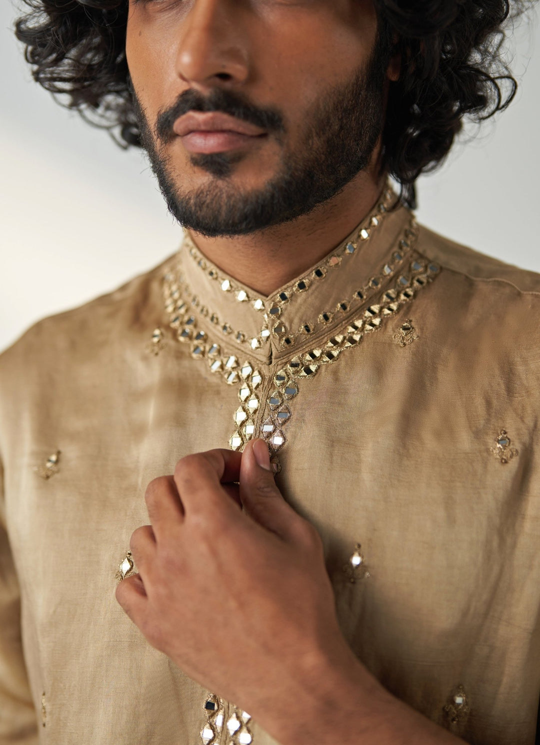 Khaki Beige Mirror Work Chanderi Silk Kurta Pant Set Studio Bagechaa - Men - Fabilicious Fashion