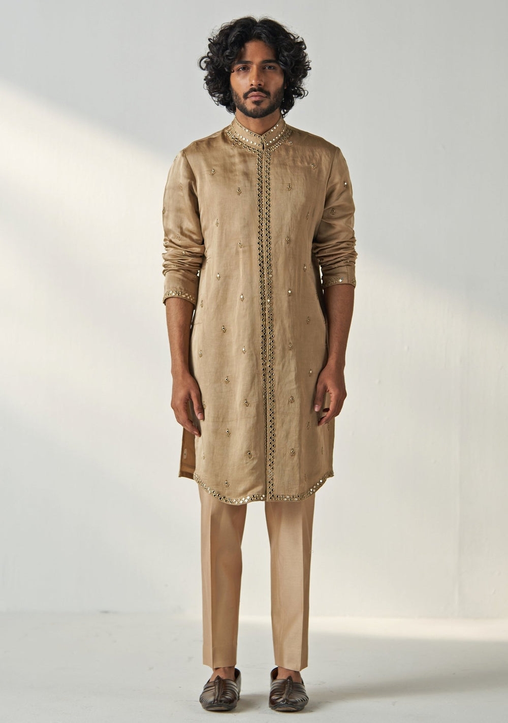 Khaki Beige Mirror Work Chanderi Silk Kurta Pant Set Studio Bagechaa - Men - Fabilicious Fashion
