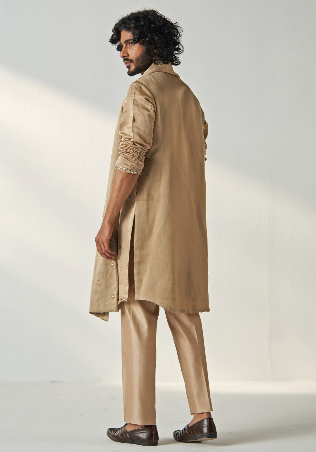 Khaki Beige Mirror Work Chanderi Silk Kurta Pant Set Studio Bagechaa - Men - Fabilicious Fashion