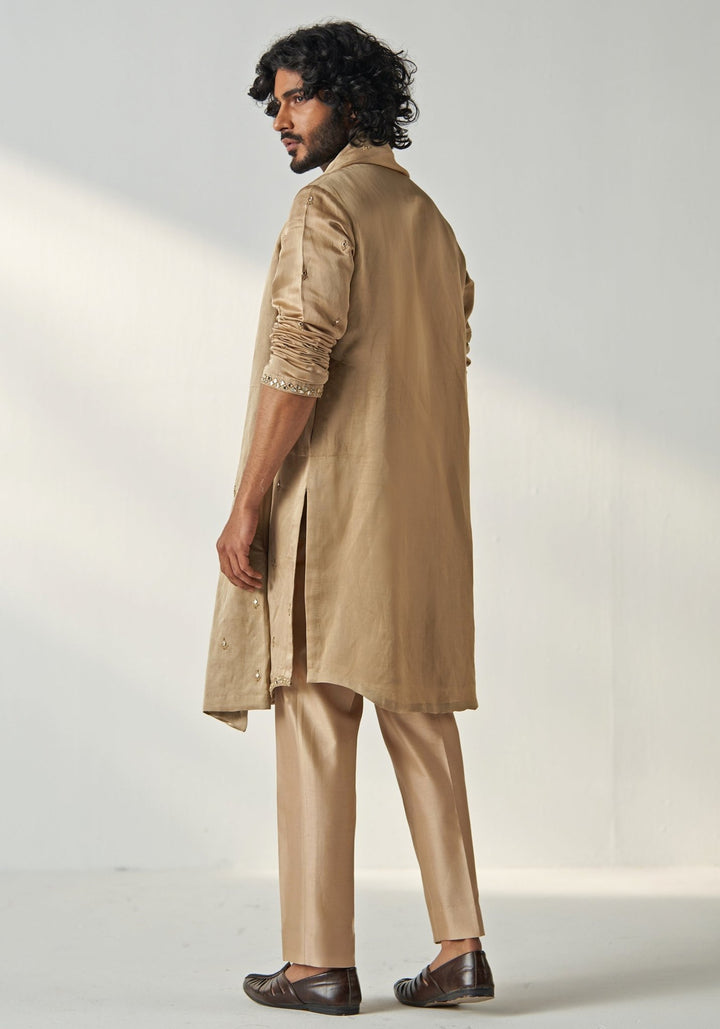 Khaki Beige Mirror Work Chanderi Silk Kurta Pant Set Studio Bagechaa - Men - Fabilicious Fashion