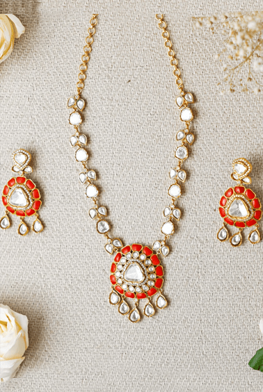 Kundan and Coral Round Stone Necklace Set Zevar by Geeta - Fabilicious Fashion