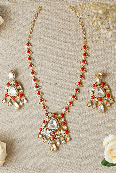 Kundan and Coral Stone Necklace and Earrings Zevar by Geeta - Fabilicious Fashion