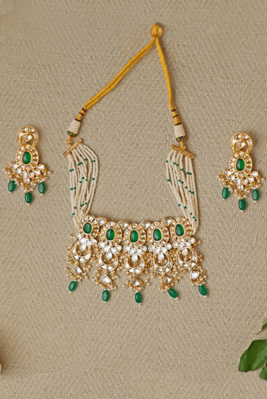 Kundan and Emerald Green Choker Necklace Set Zevar by Geeta - Fabilicious Fashion