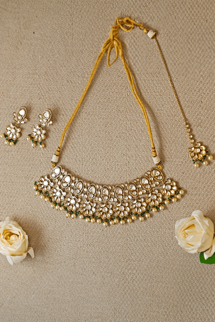 Kundan and Emerald Green Necklace and Earrings Zevar by Geeta - Fabilicious Fashion