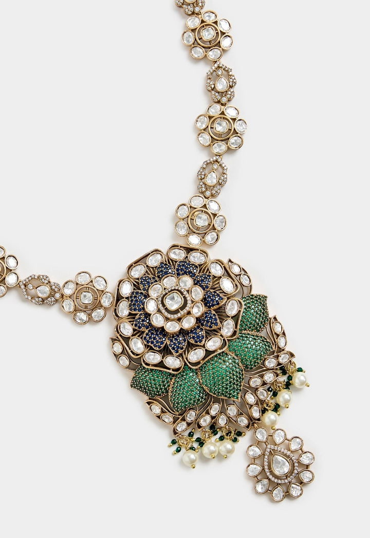 Kundan And Emerald Green Statement Necklace Set Vivinia By Vidhi Mehra - Fabilicious Fashion
