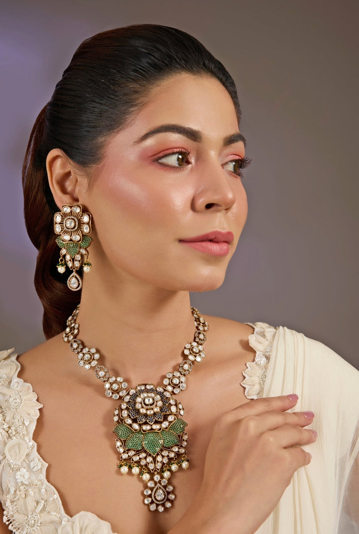 Kundan And Emerald Green Statement Necklace Set Vivinia By Vidhi Mehra - Fabilicious Fashion