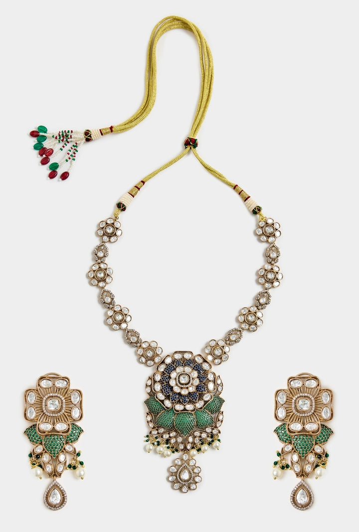 Kundan And Emerald Green Statement Necklace Set Vivinia By Vidhi Mehra - Fabilicious Fashion