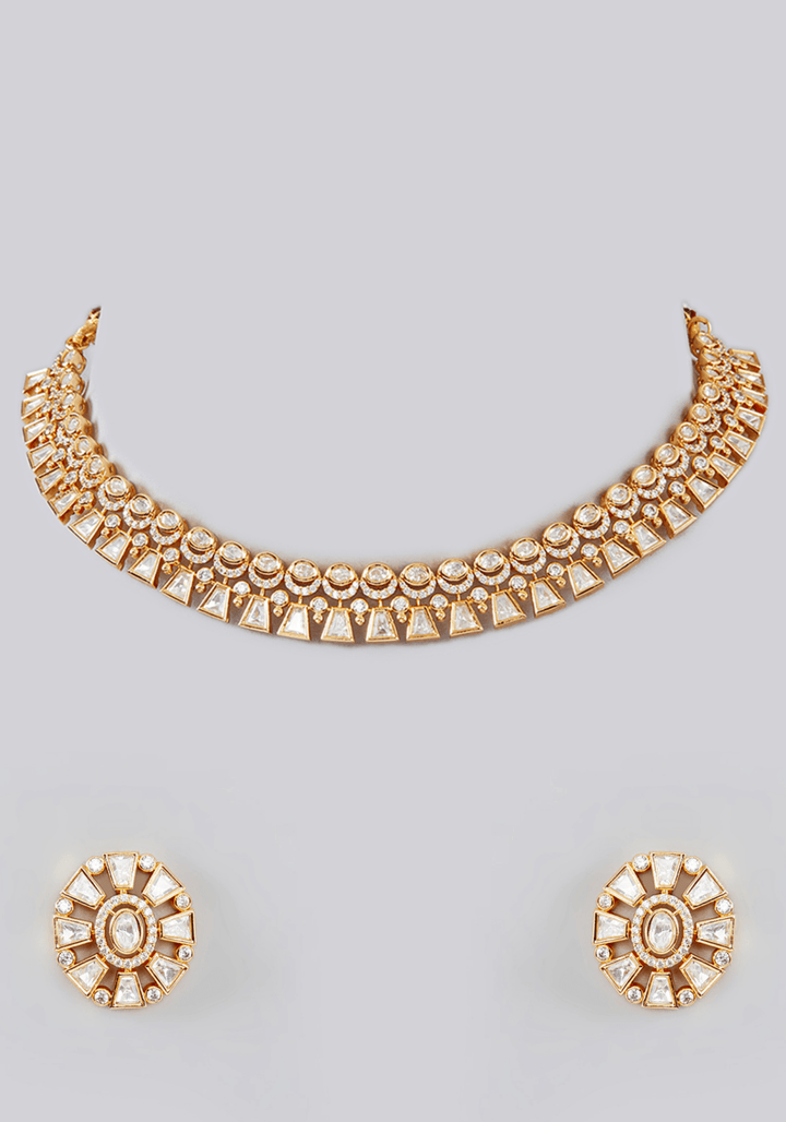 Kundan And Faux Diamond Choker Necklace Set Zevar by Geeta - Fabilicious Fashion