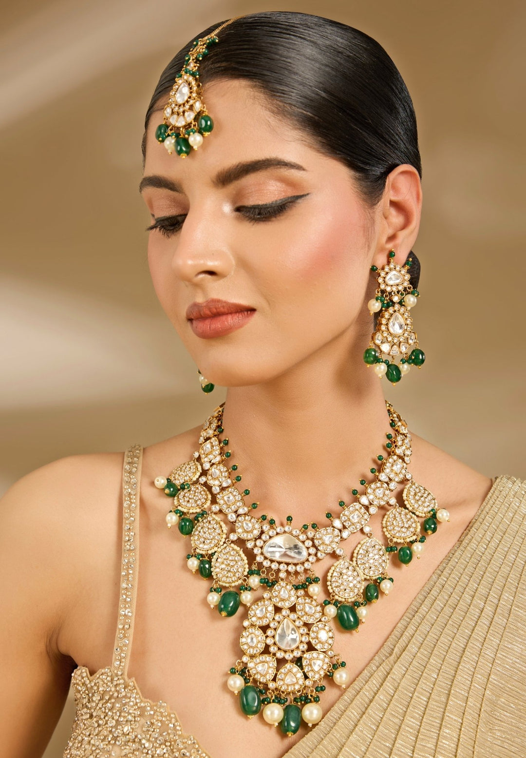 Kundan And Green Bead Bridal Necklace Set Vivinia By Vidhi Mehra - Fabilicious Fashion