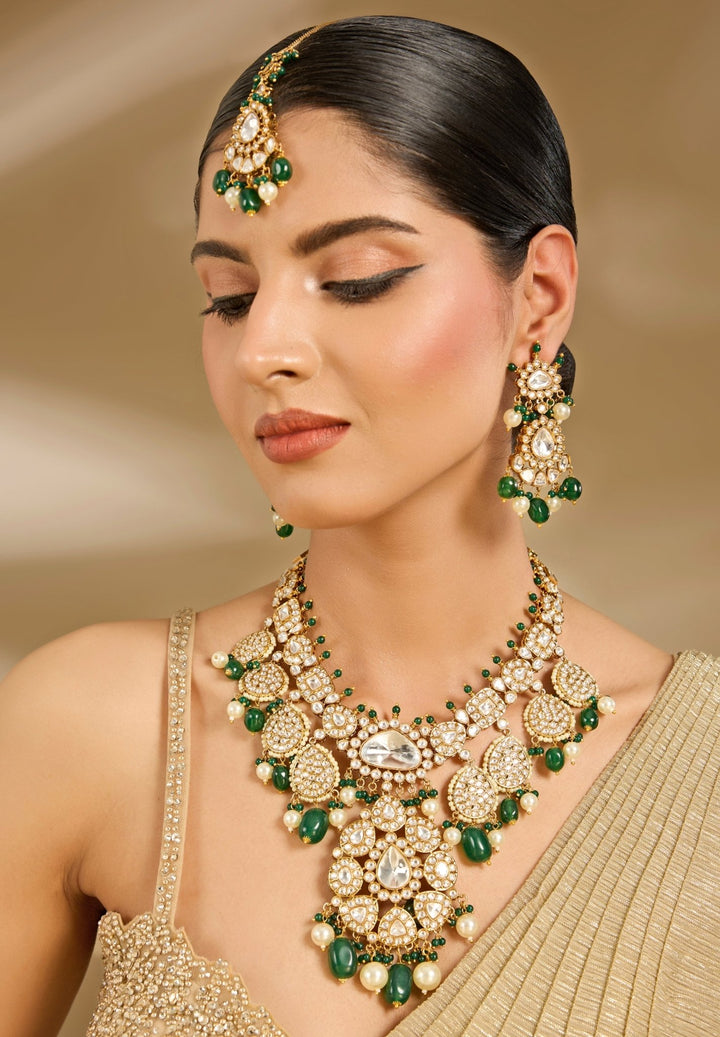 Kundan And Green Bead Bridal Necklace Set Vivinia By Vidhi Mehra - Fabilicious Fashion