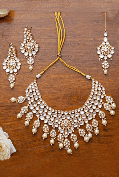 Kundan and Pearl Bridal Necklace and Earrings Zevar by Geeta - Fabilicious Fashion