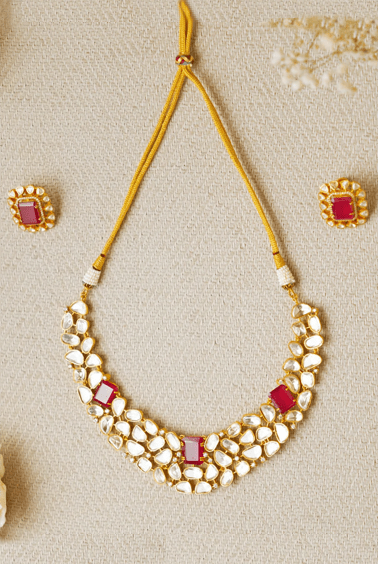 Kundan and Red Stone Necklace and Earrings Zevar by Geeta - Fabilicious Fashion