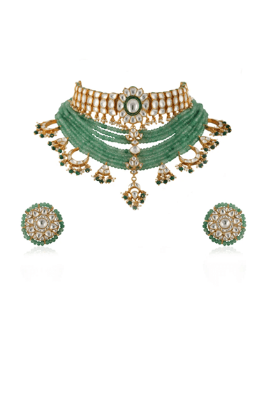 Kundan Choker Set With Green Beads and Green Studs Riana by Shikha Jindal - Fabilicious Fashion