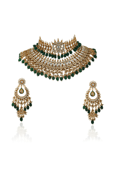 Kundan Double Necklace Rani Set With Green Beads Riana by Shikha Jindal - Fabilicious Fashion