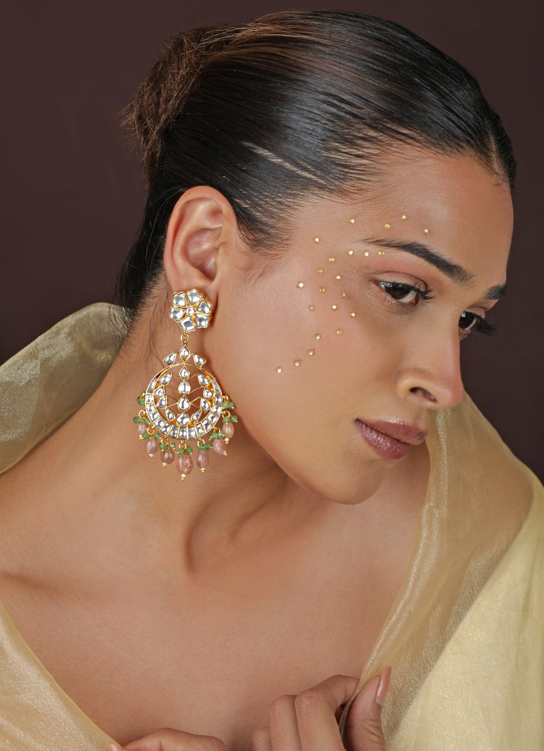 Kundan Floral Matte Gold Drop Earrings Riana Jewellery - Fabilicious Fashion