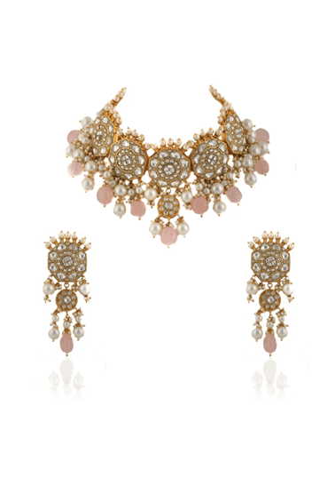 Kundan Floral Necklace Set With Pastel Pink Beads and Pearls Riana by Shikha Jindal - Fabilicious Fashion