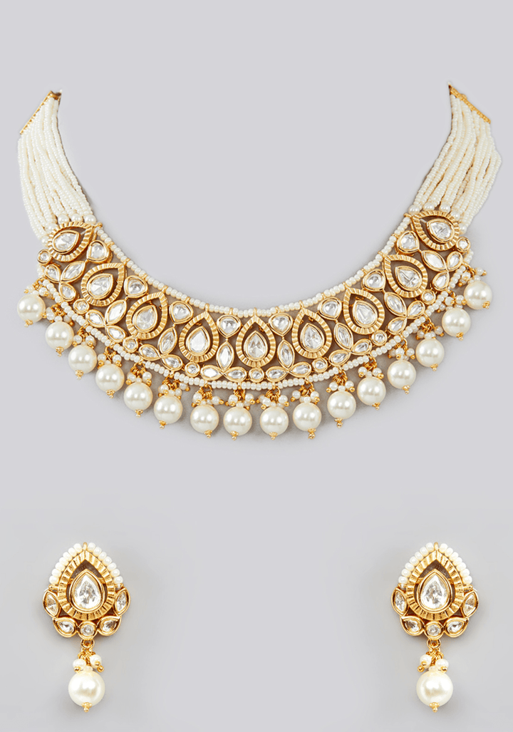 Kundan Gold Pearl Necklace Set Zevar by Geeta - Fabilicious Fashion