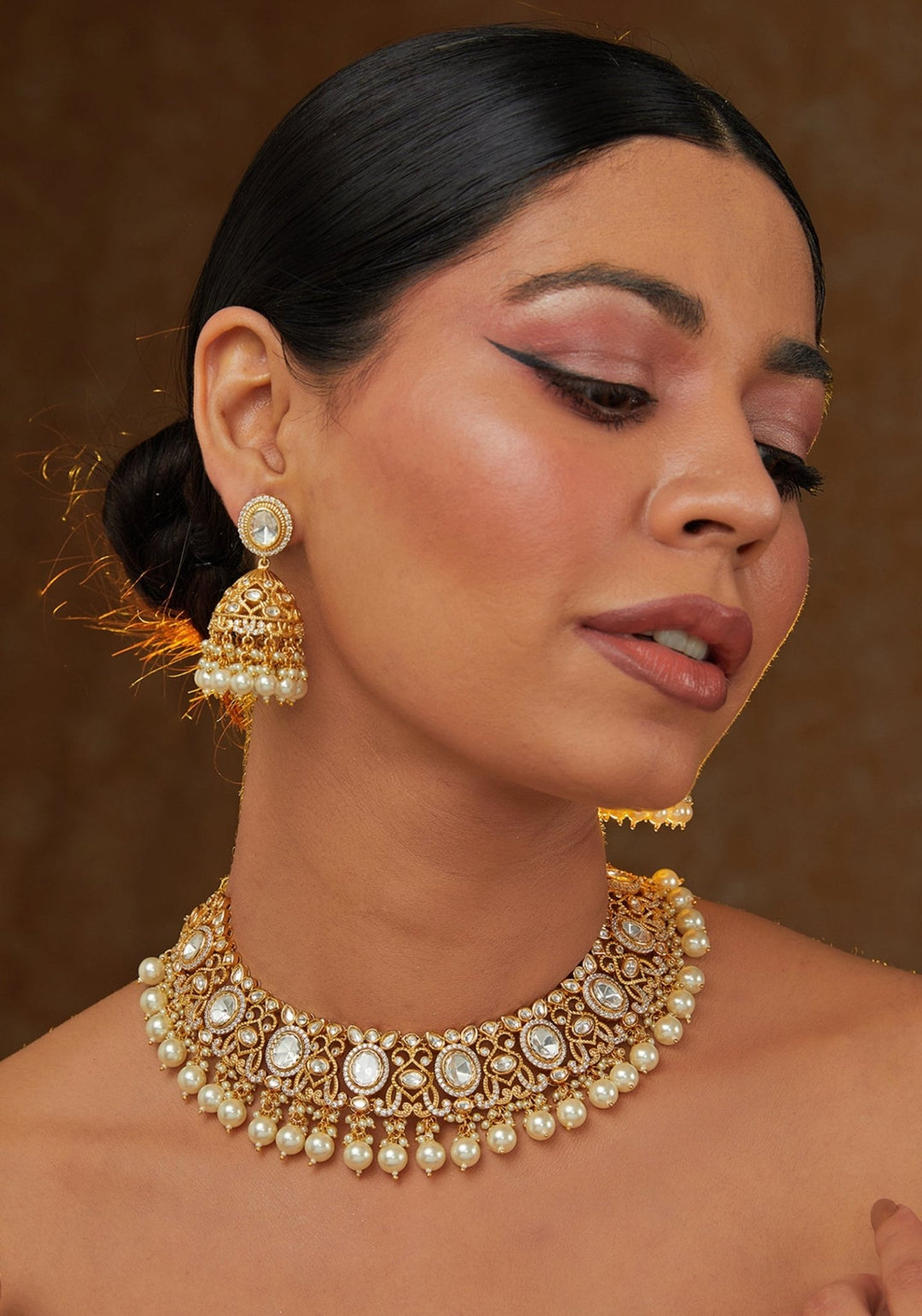 Kundan Gold Plated Necklace Set With Oval Motifs and Pearls Zevar by Geeta - Fabilicious Fashion