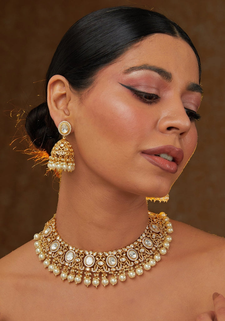 Kundan Gold Plated Necklace Set With Oval Motifs and Pearls Zevar by Geeta - Fabilicious Fashion