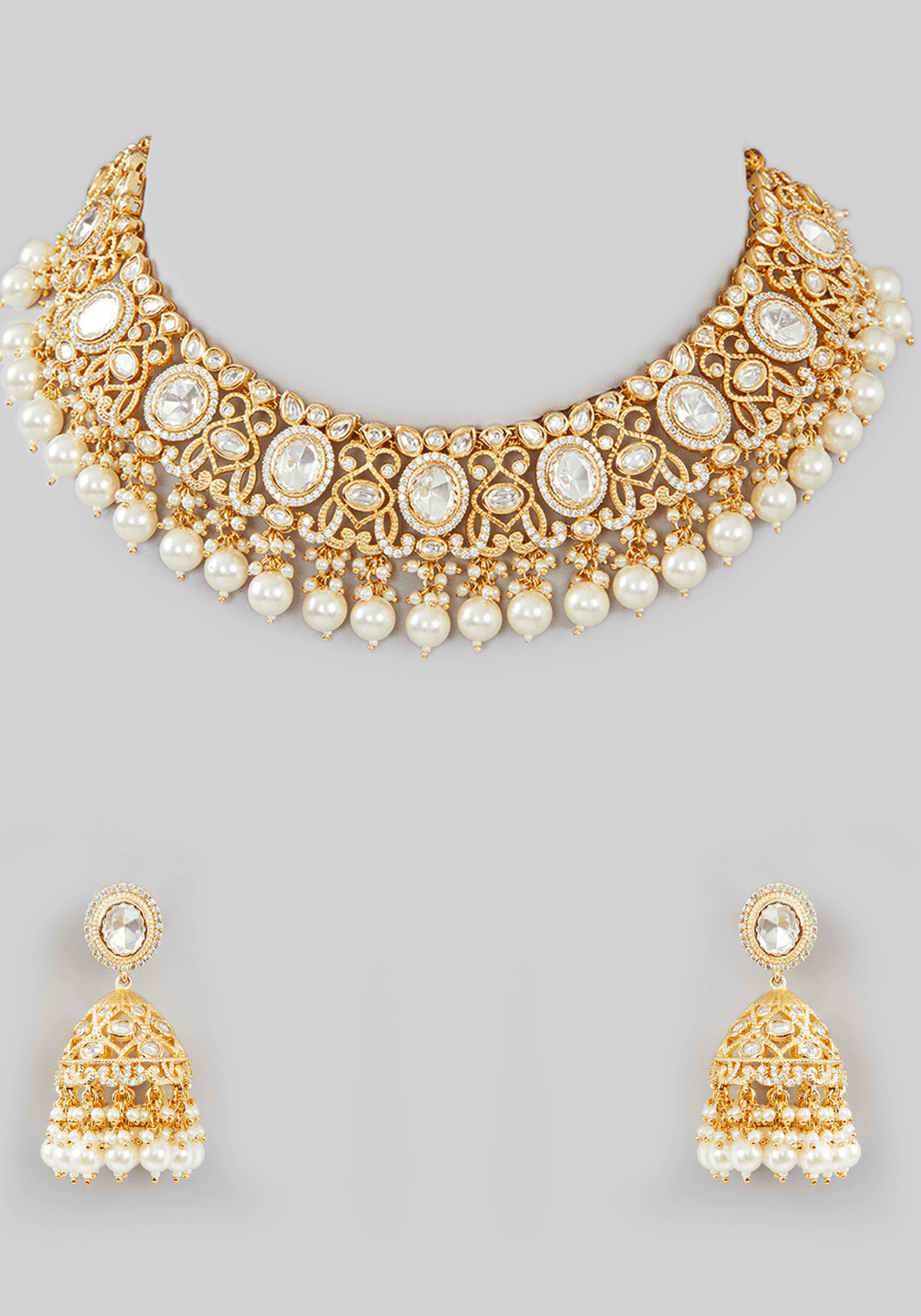 Kundan Gold Plated Necklace Set With Oval Motifs and Pearls Zevar by Geeta - Fabilicious Fashion