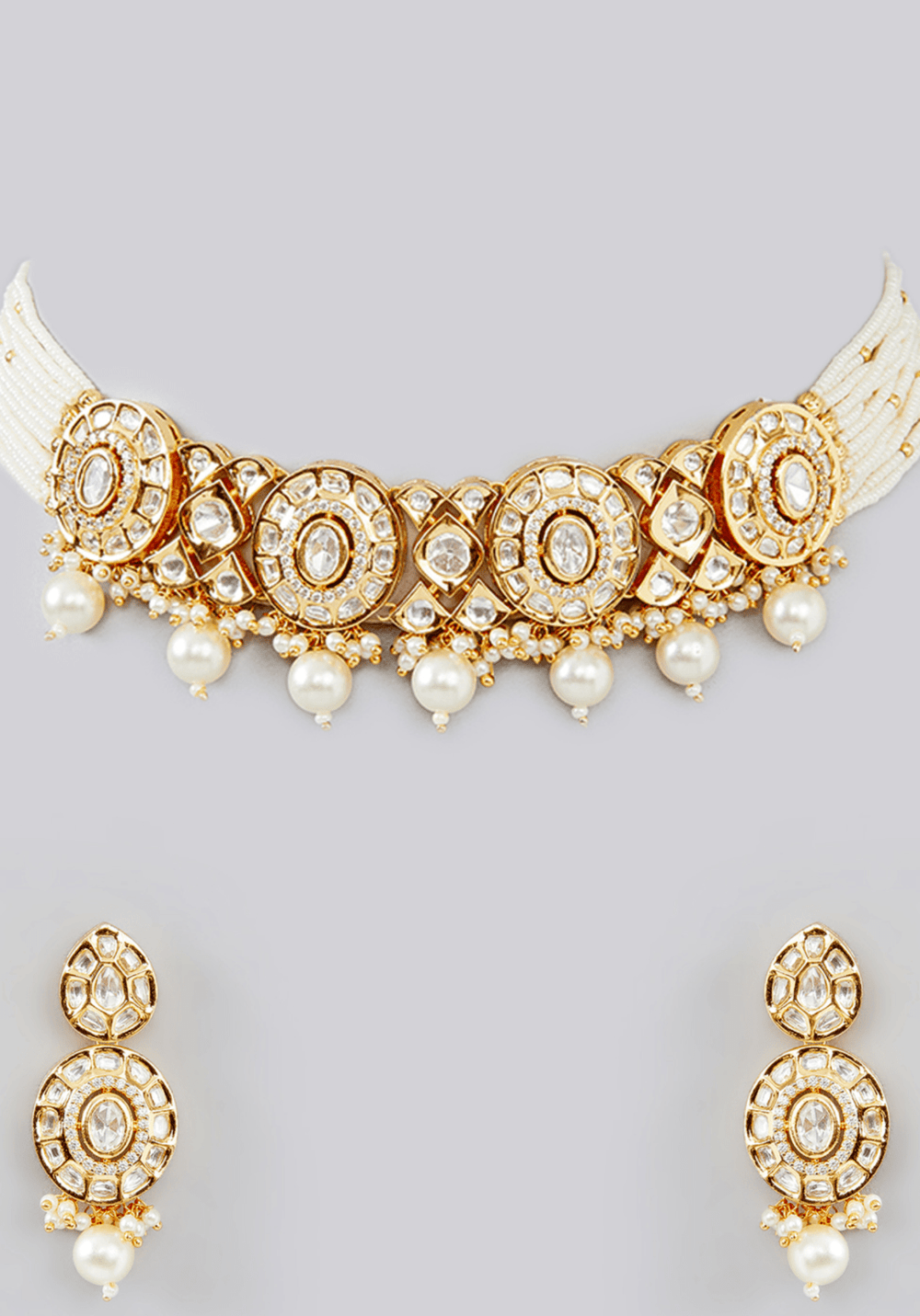 Kundan Gold Plated Necklace Set With Pearls Zevar by Geeta - Fabilicious Fashion
