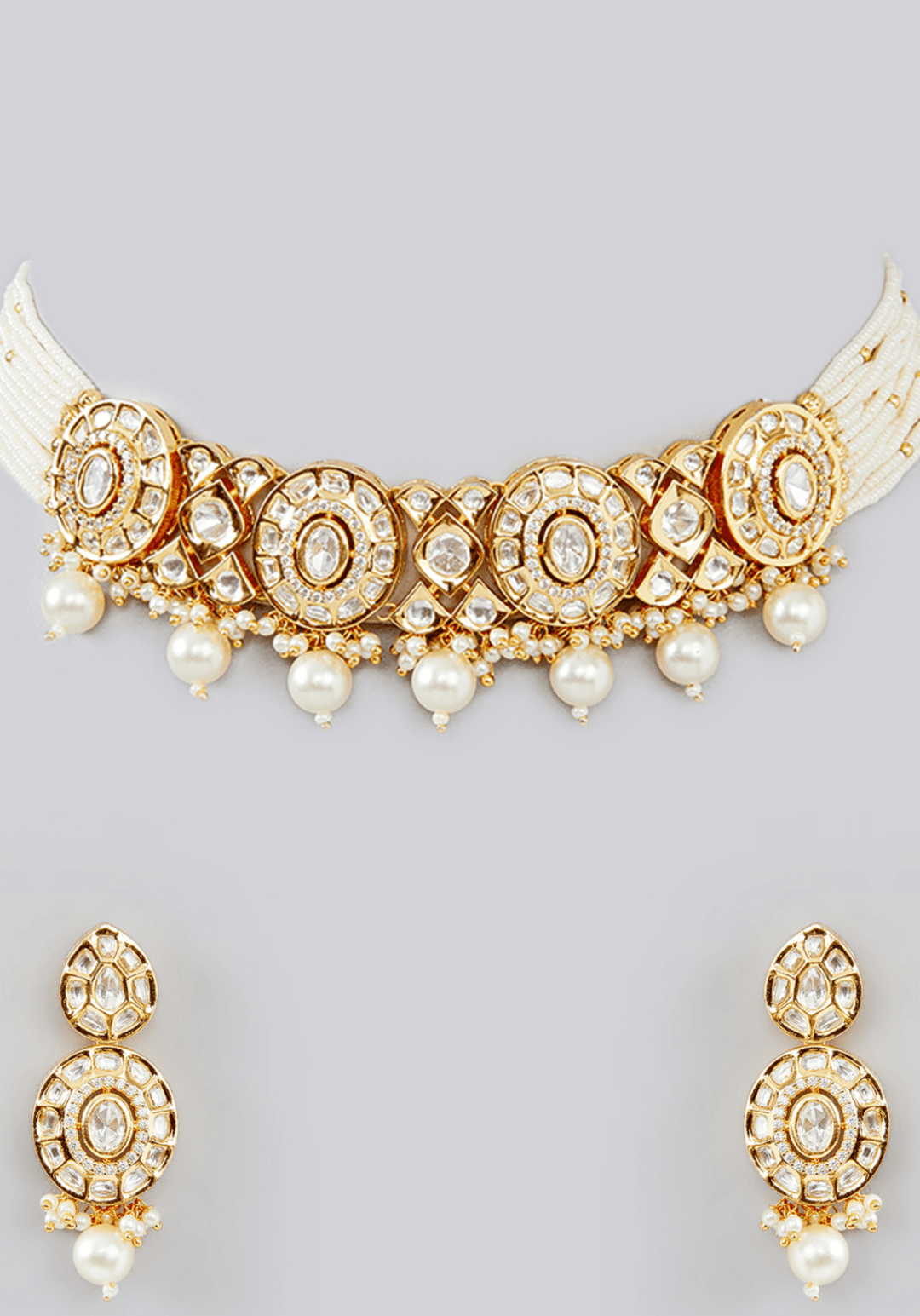 Kundan Gold Plated Necklace Set With Pearls Zevar by Geeta - Fabilicious Fashion