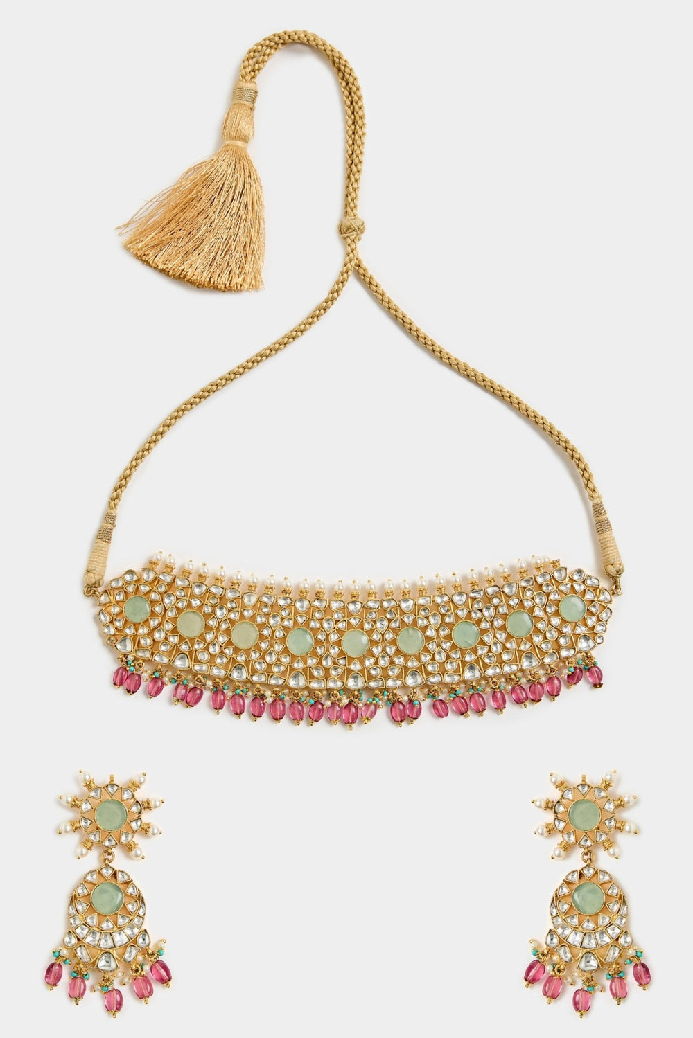 Kundan Green And Pink Beaded Bridal Choker Set Vivinia By Vidhi Mehra - Fabilicious Fashion