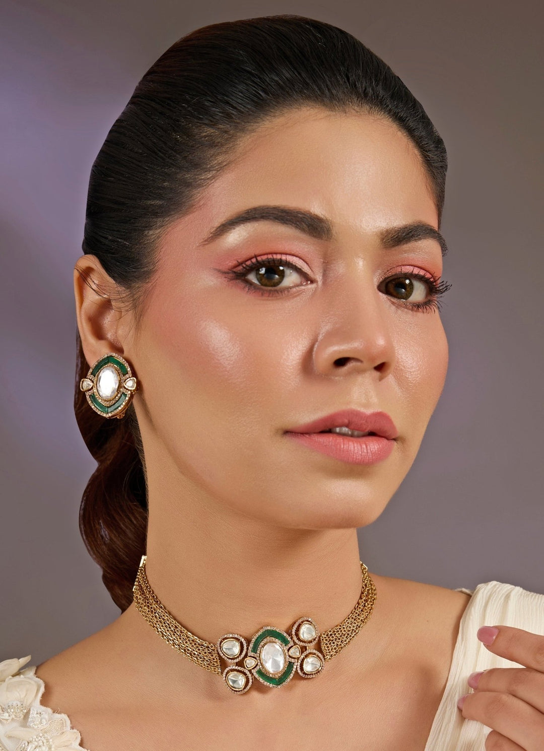 Kundan Green And White Choker Necklace Set Vivinia By Vidhi Mehra - Fabilicious Fashion