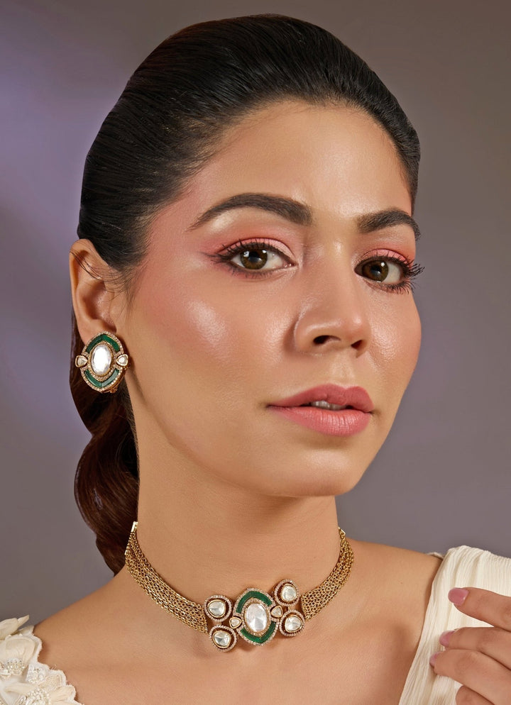 Kundan Green And White Choker Necklace Set Vivinia By Vidhi Mehra - Fabilicious Fashion